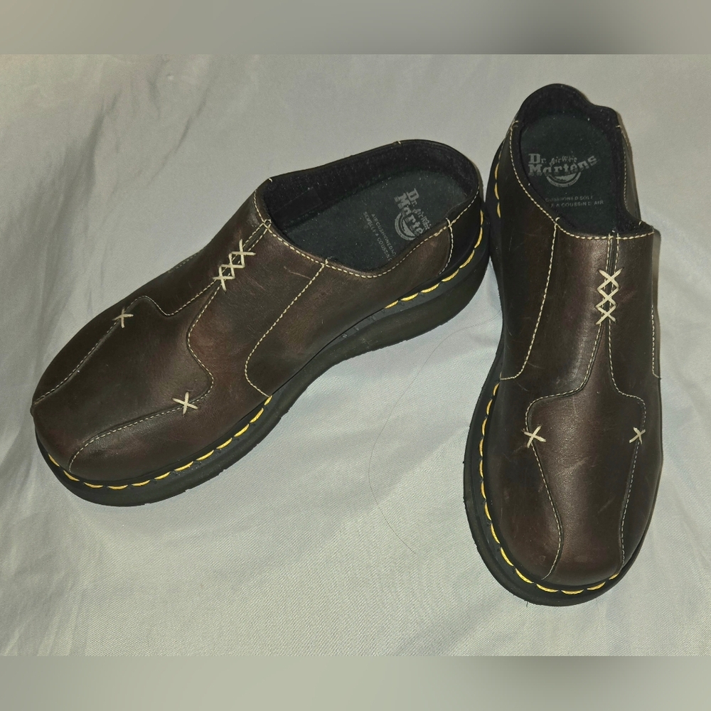 Dr. Martens Womens Brown Leather Zoe Mules Clogs with Yellow Stitching 3A56